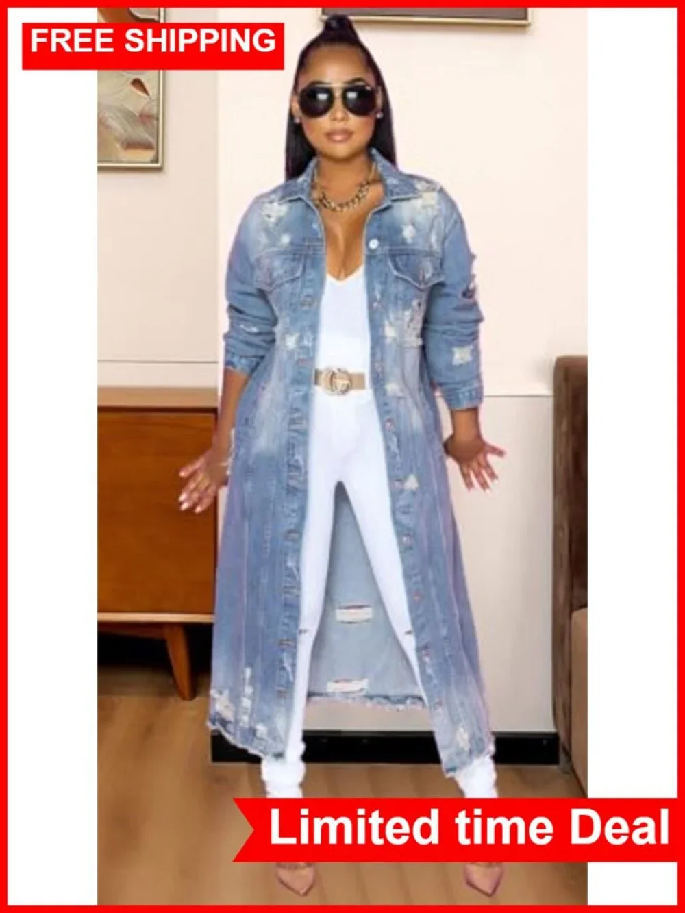 Ripped Holes Maxi Long Denim Jacket Trench Coat Button Front Frayed Hem